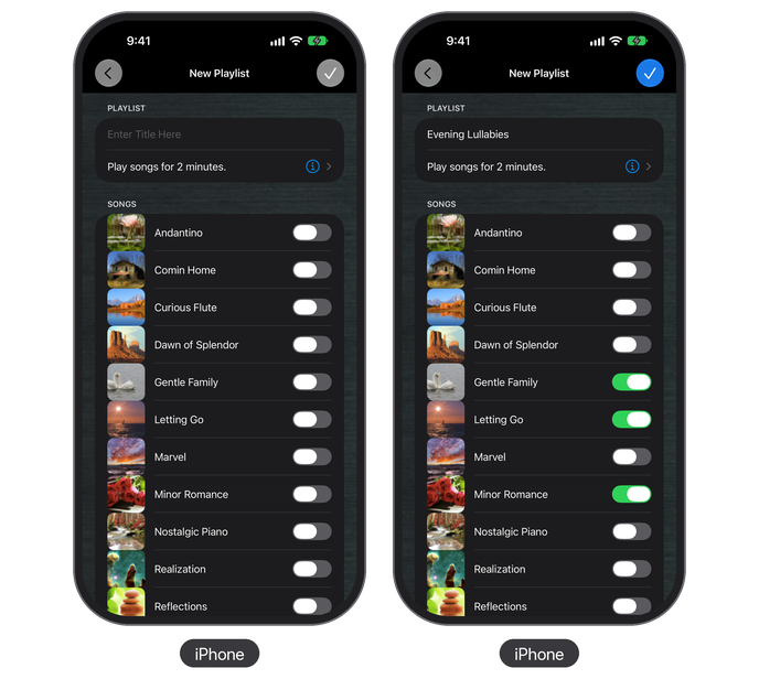 Sleep Songs on iPhone: creating a playlist