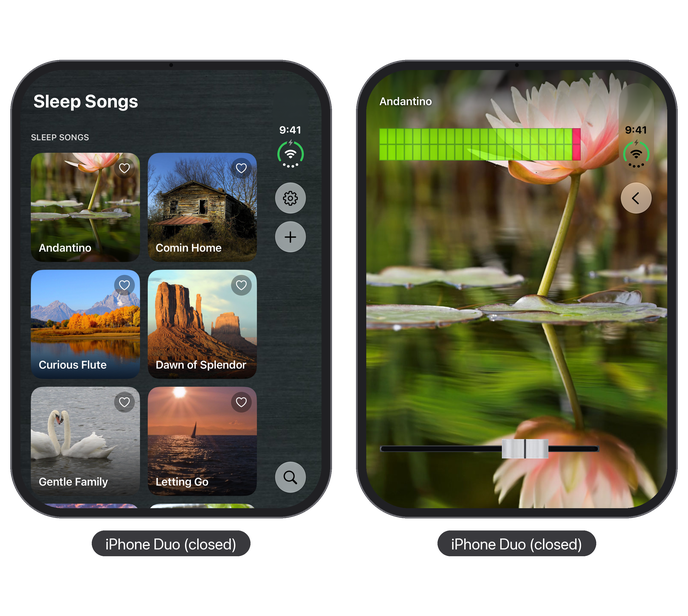 Sleep Songs on iPhone Duo, closed: the song list and a playing song