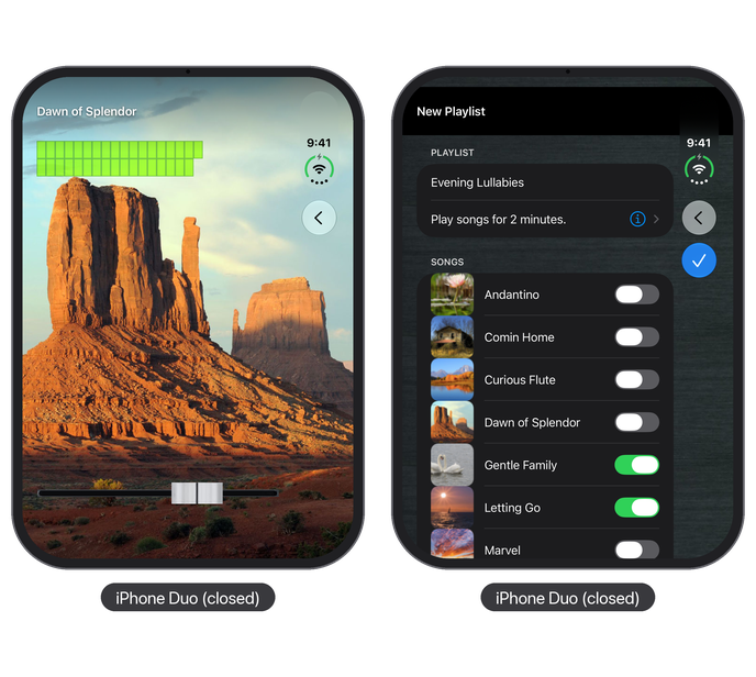 Sleep Songs on iPhone Duo, closed: a playing song and a new playlist