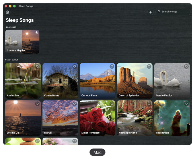 Sleep Songs on Mac: the song list