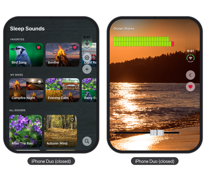 Sleep Sounds on iPhone Duo, closed: the home screen and a playing sound