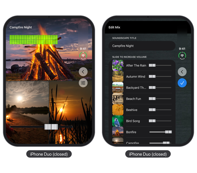 Sleep Sounds on iPhone Duo, closed: a playing mix and the mix editor