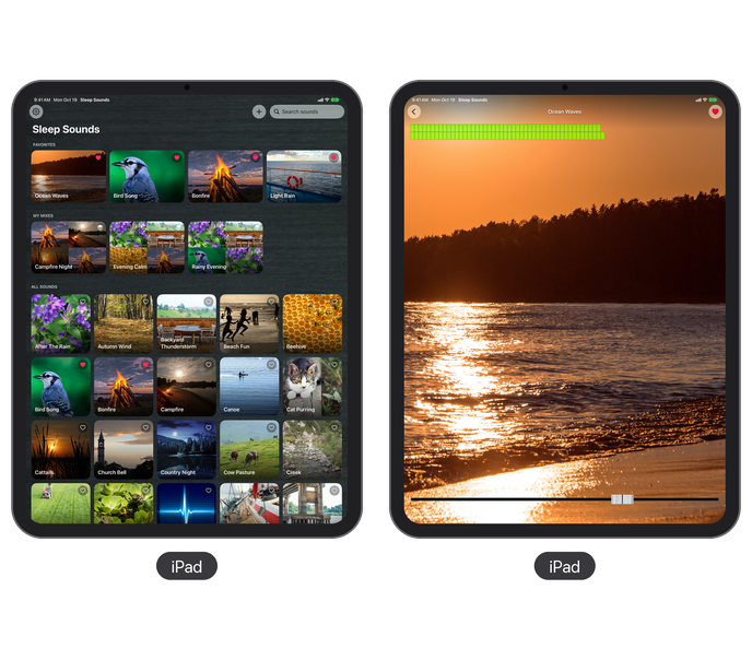 Sleep Sounds on iPad: the home screen and a playing sound