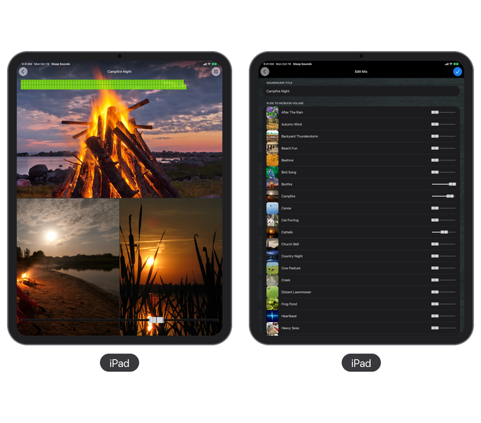 Sleep Sounds on iPad: a playing mix and the mix editor